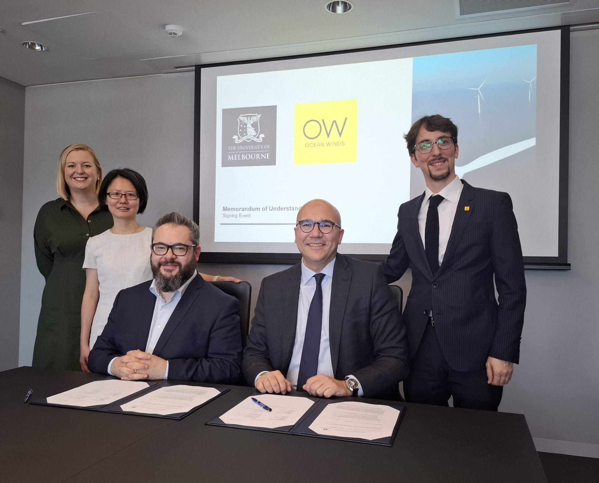 Representatives from Ocean Winds and the University of Melbourne at a memorandum of understanding signing event
